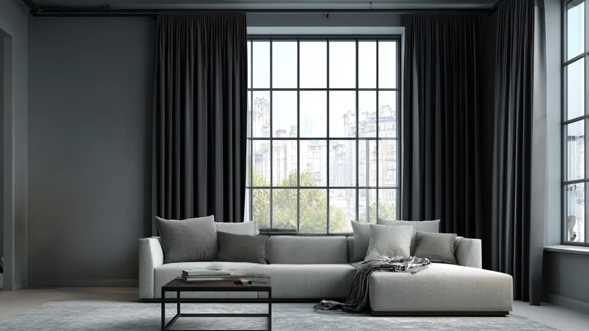 Modern living room with gray walls black curtains a light gray sectional sofa a dark wood coffee table