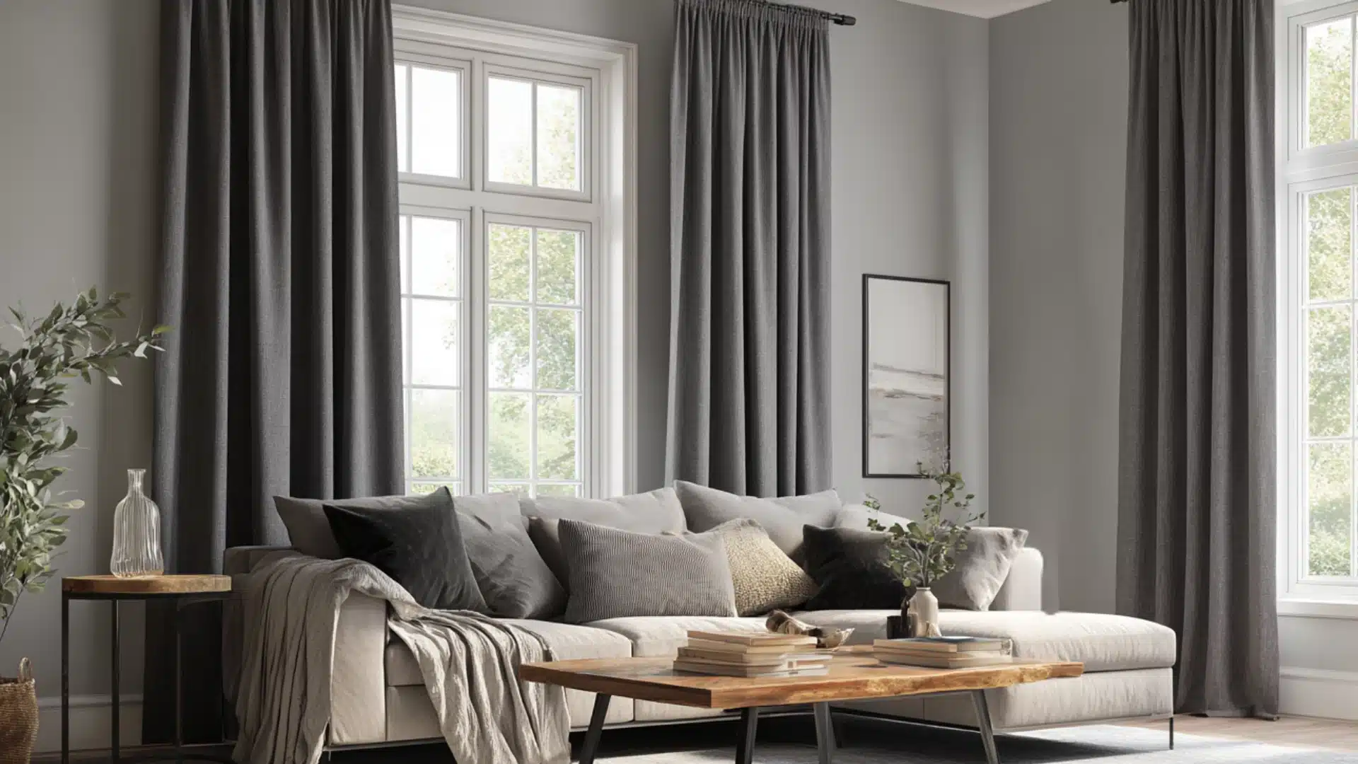 Modern living room with gray walls dark charcoal curtains a light gray sectional sofa and a natural wood coffee table