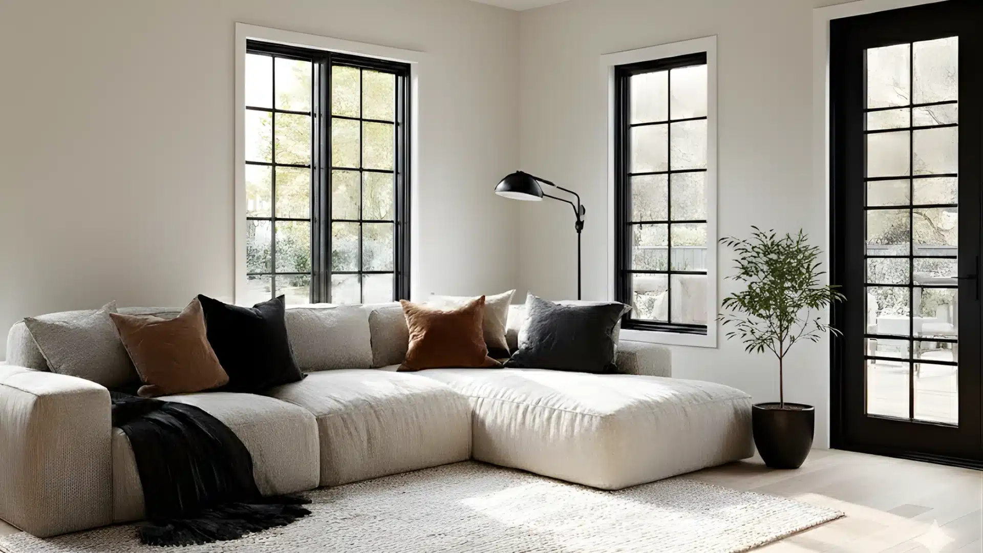 Modern living room with neutral sofa dark accent pillows framed abstract art large black windows