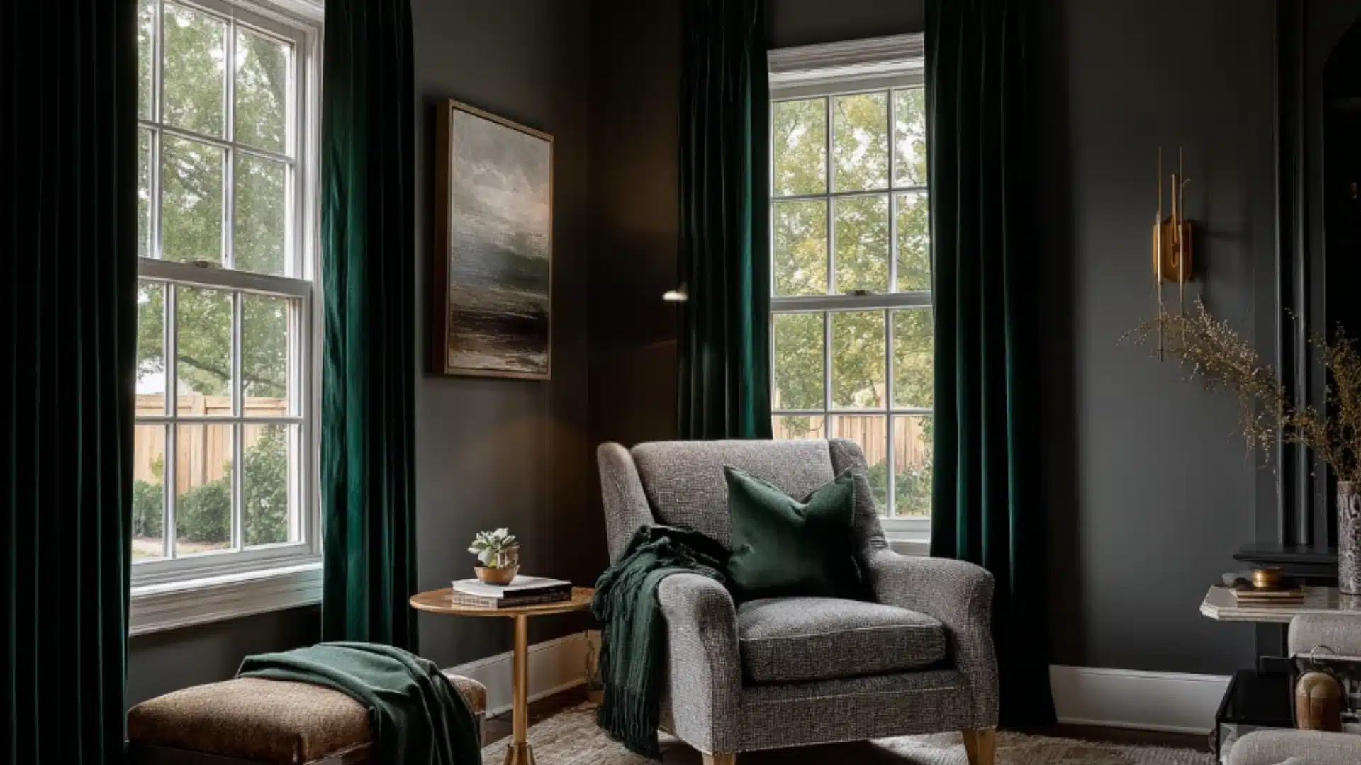 Modern nook with charcoal walls long emerald green curtains a gray armchair a gold side table