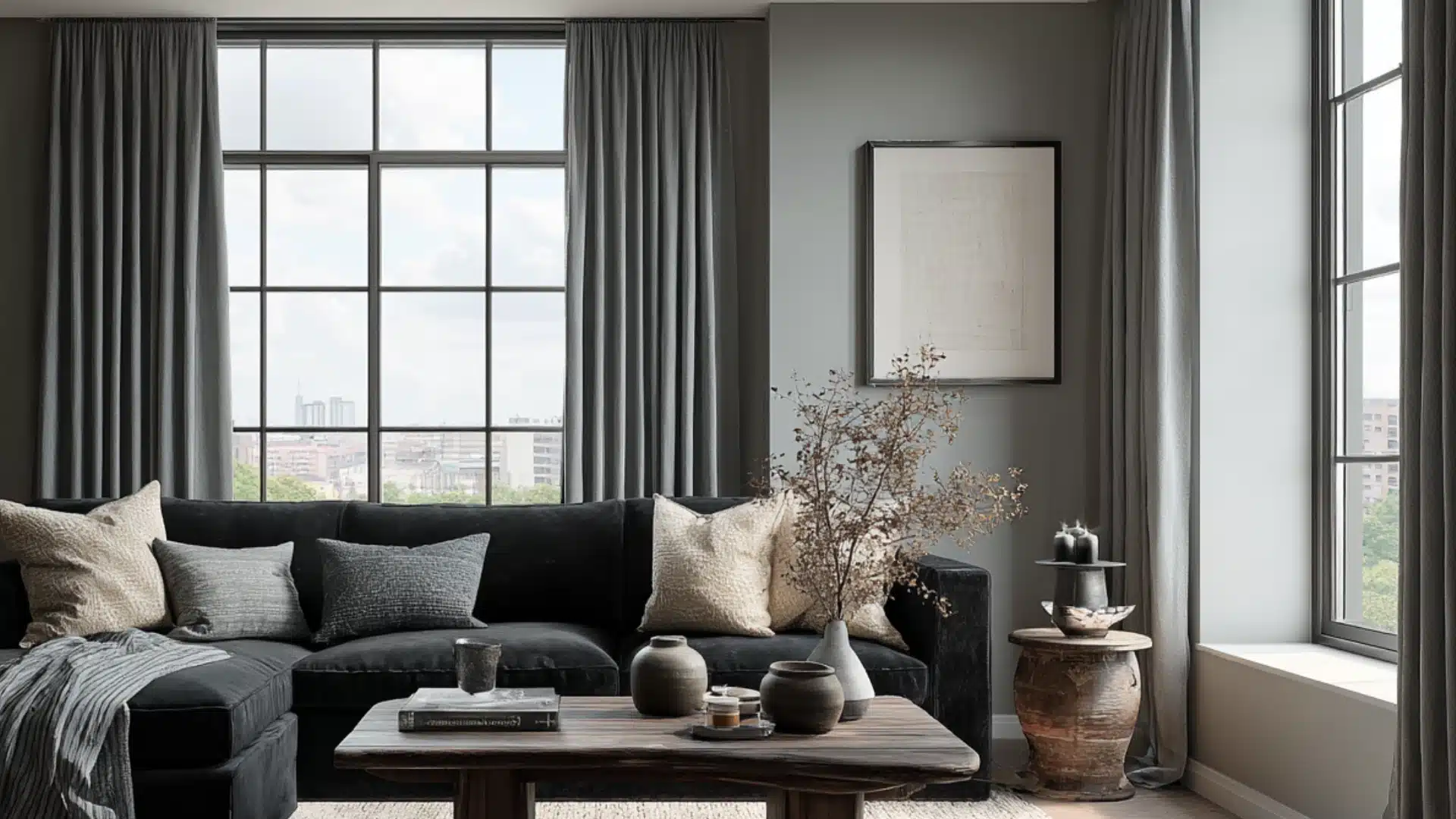Modern room with gray walls dark gray curtains a black sectional sofa a wood table and neutral pillows on a textured rug