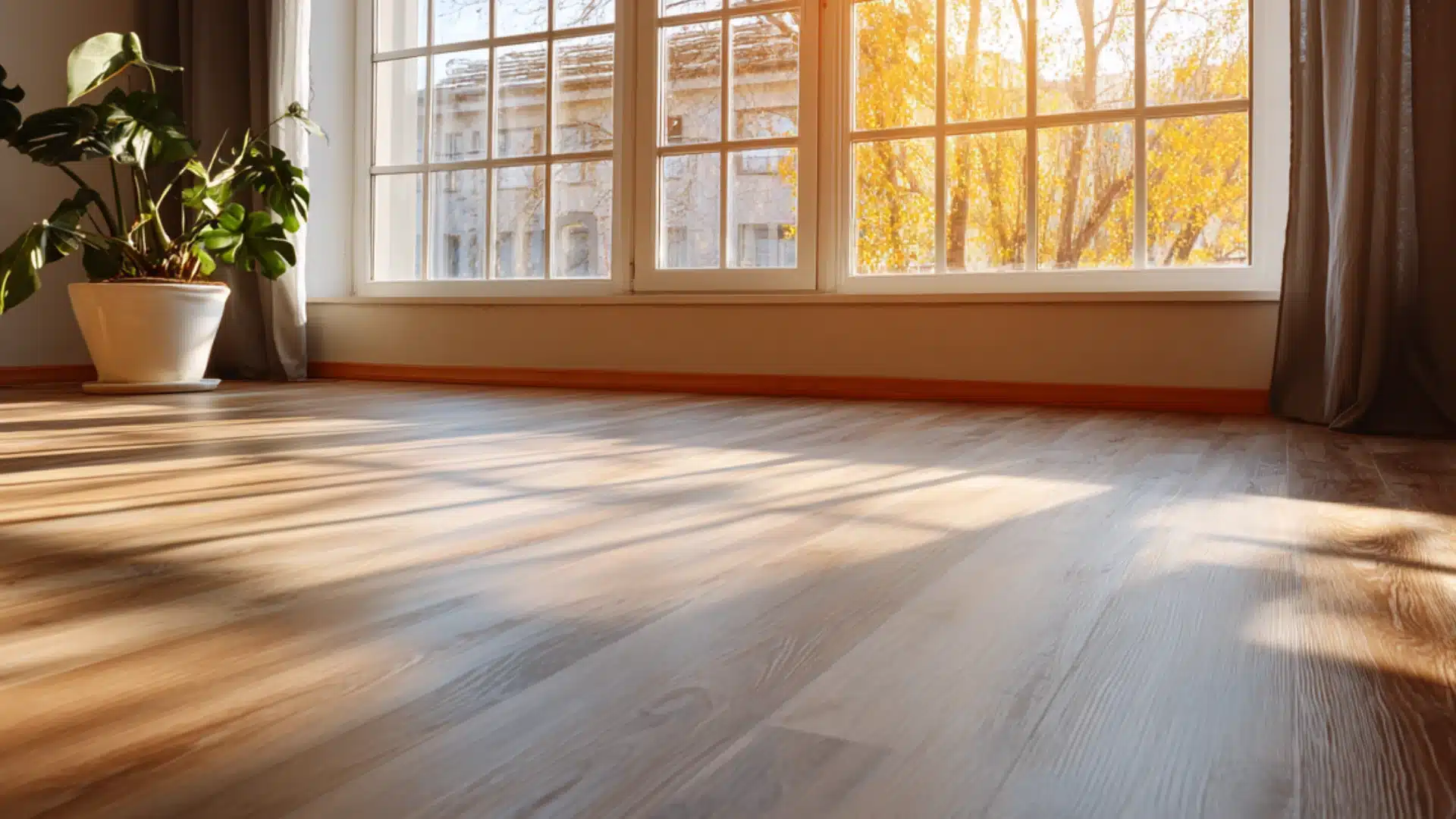 Sunlight streams across a light wood floor in an empty room with large white windows dark curtains and a potted plant