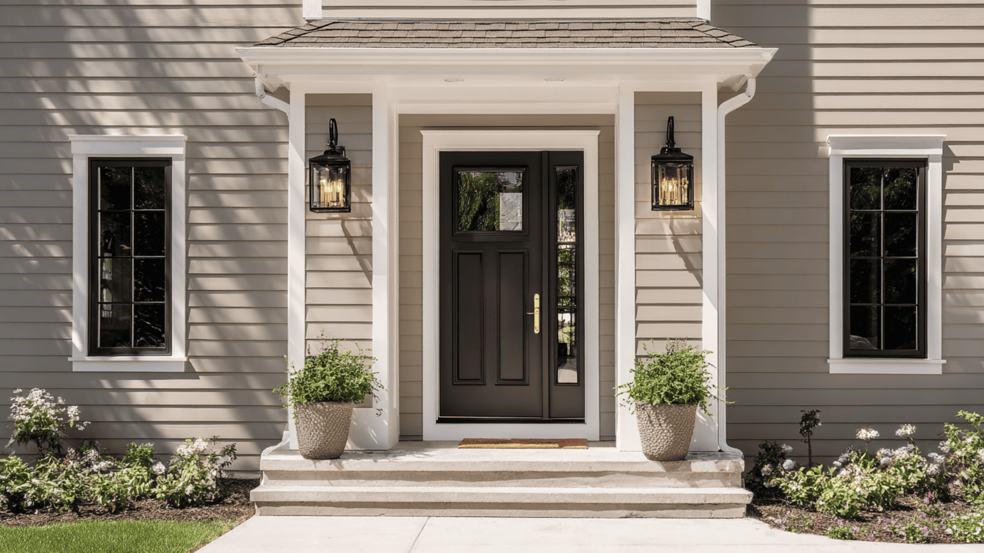 Tan siding house has black window frames and lights beside a dark urbane bronze exterior door with white trim and steps
