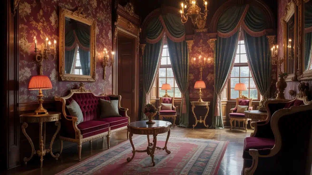 Victorian house interior in a castle, featuring ornate furnishings and decor typical of the era