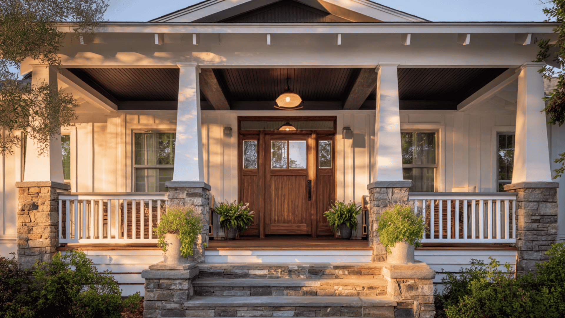 White house with stone steps and porch columns shows an urbane bronze exterior ceiling under a bright wooden front door