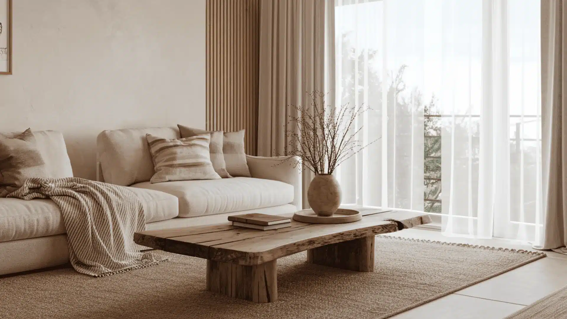 wabi sabi style living room scene with a comfortable couch a coffee table and a bright window in the background
