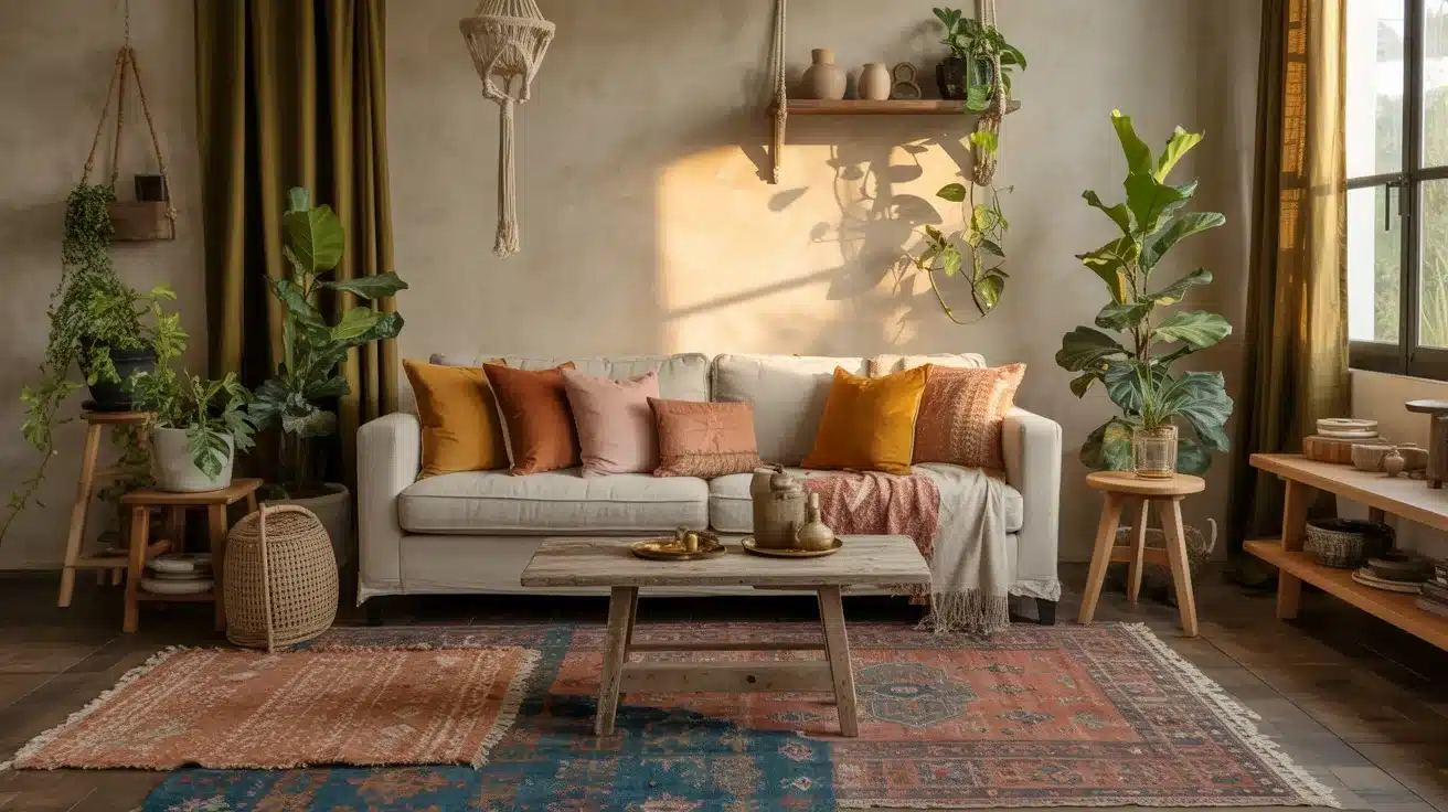 A bohemian living room featuring a white sofa layered with terracotta pillows, a rustic wooden coffee table, and numerous potted plants set against an earth-toned wall with dappled sunlight