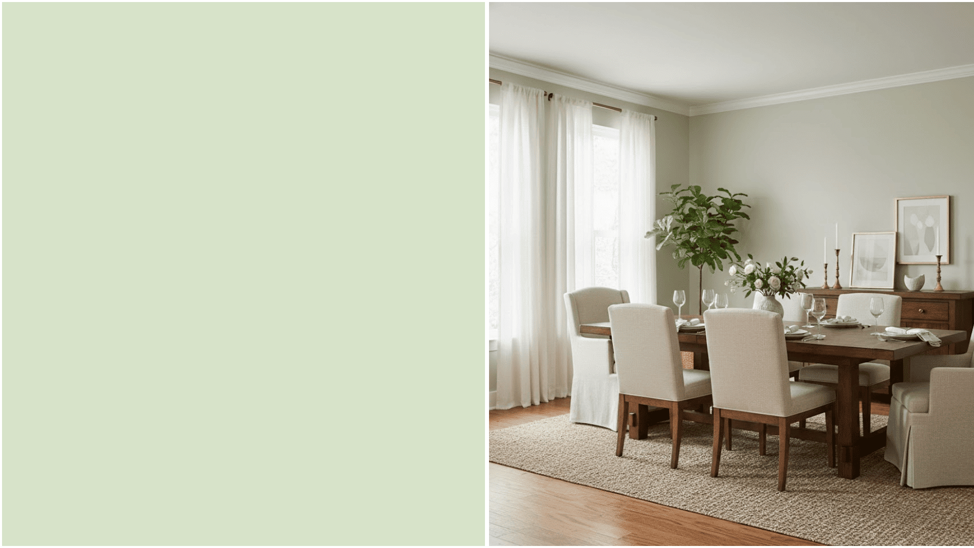 A color swatch of light sage green next to a fully set, elegant dining room featuring a dark wood table, cream upholstered chairs, and pale green walls