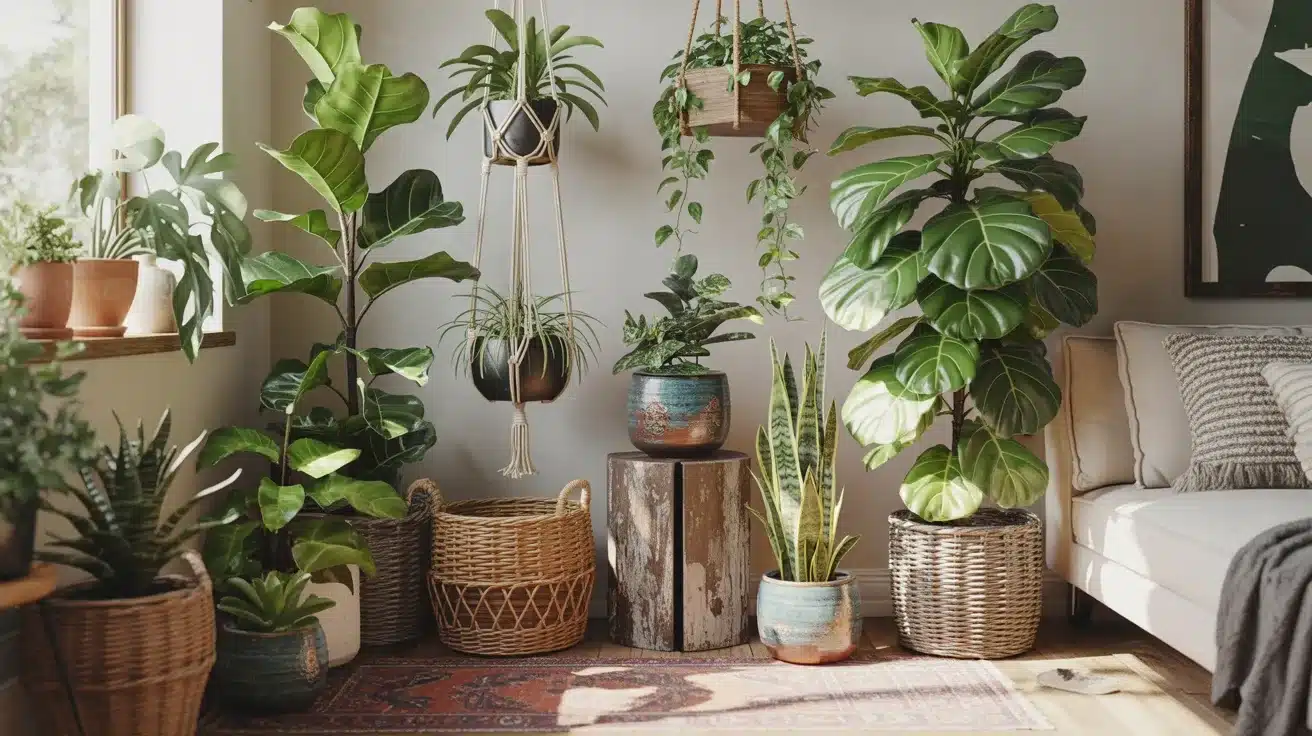 A cozy living room corner filled with various indoor plants, including a large fiddle-leaf fig, snake plant, and hanging plants, surrounded by wicker baskets and natural wood accents
