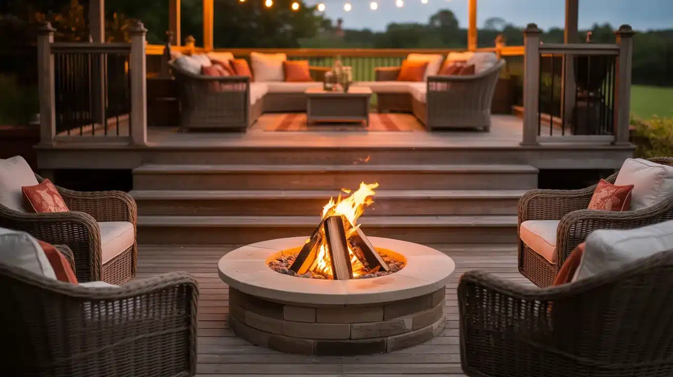 A cozy outdoor wooden deck setup features a central stone fire pit with burning logs, surrounded by wicker chairs, with string lights illuminating the upper seating area at dusk