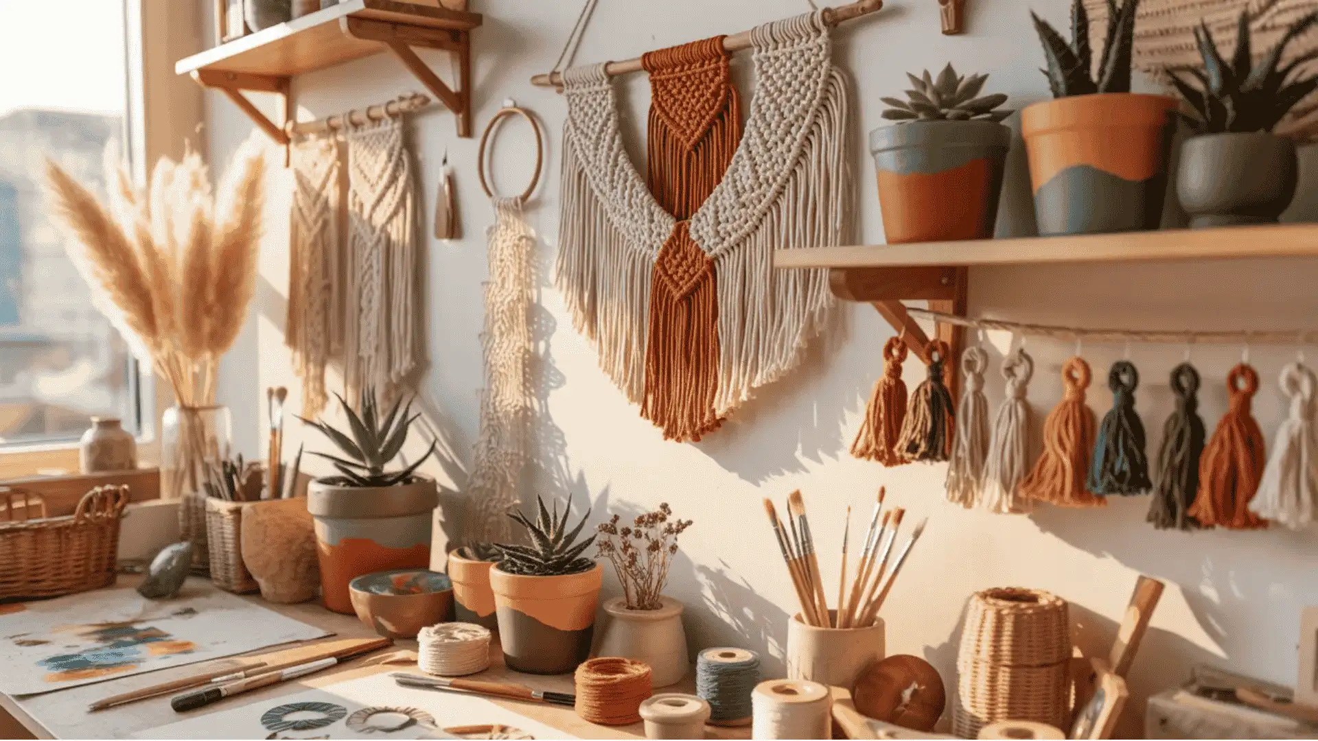A craft room displaying shelves stocked with supplies for DIY boho projects, featuring an array of vibrant materials (2)