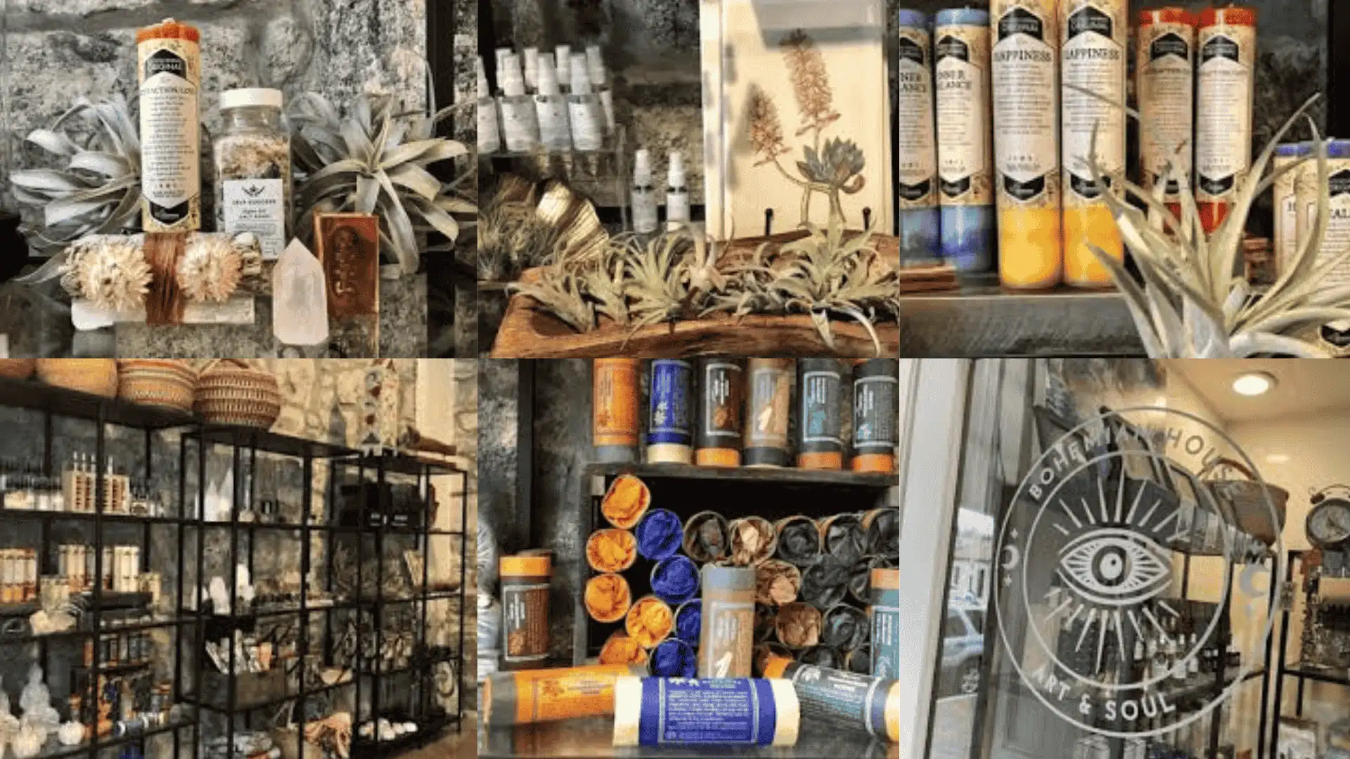 A display of various candles and decorative items in a bohemian-themed store, showcasing art and soulful decor (2)