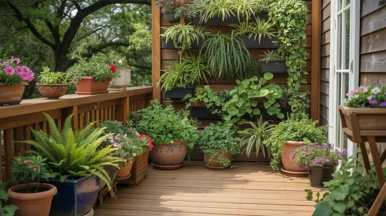 A lush collection of potted plants adorns a wooden deck, featuring a vertical garden wall with various green foliage against dark siding