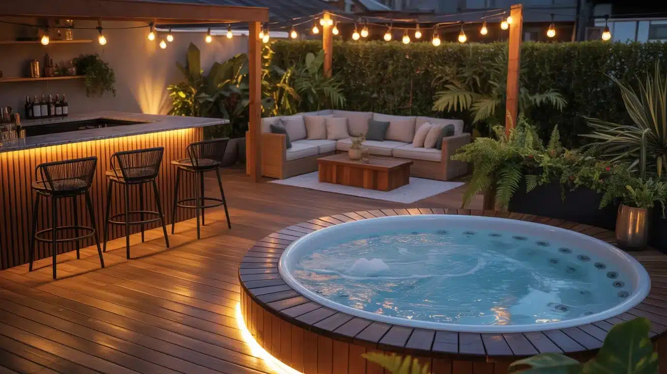 A luxurious outdoor evening patio featuring a bubbling circular hot tub, a lit-up wooden bar with stools, and a wicker sectional sofa surrounded by lush greenery