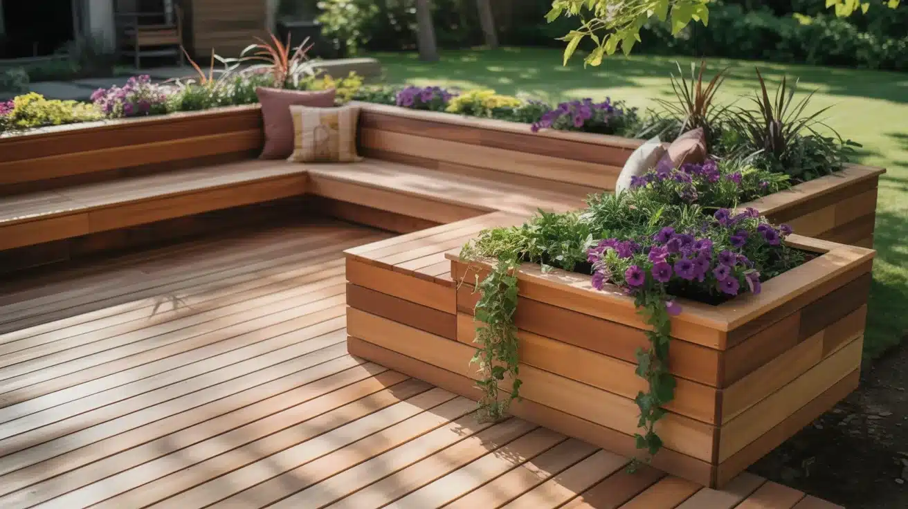 A modern L-shaped wooden deck features built-in seating and integrated planters filled with purple petunias and greenery in a sunny backyard setting
