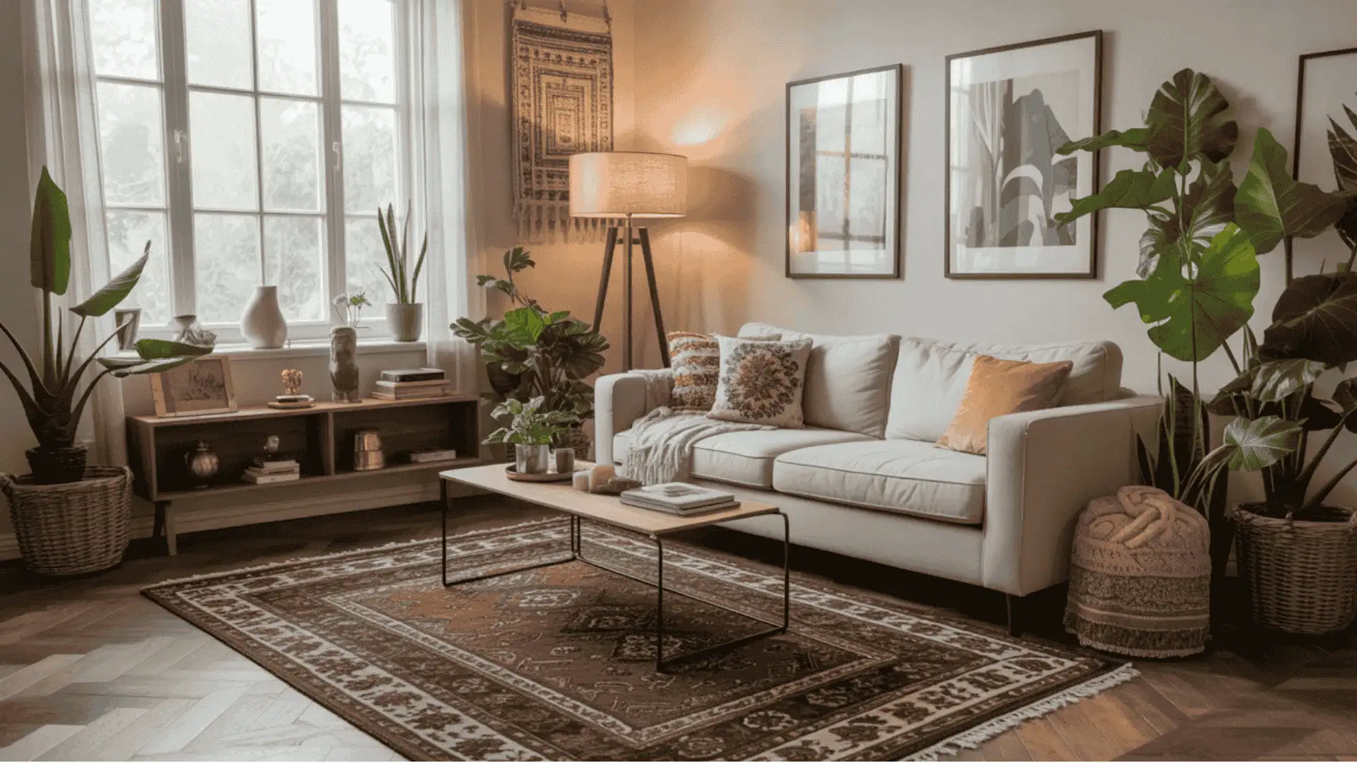 A modern living room showcasing a decorative rug, a sofa, and lush plants, creating a serene environment (2)