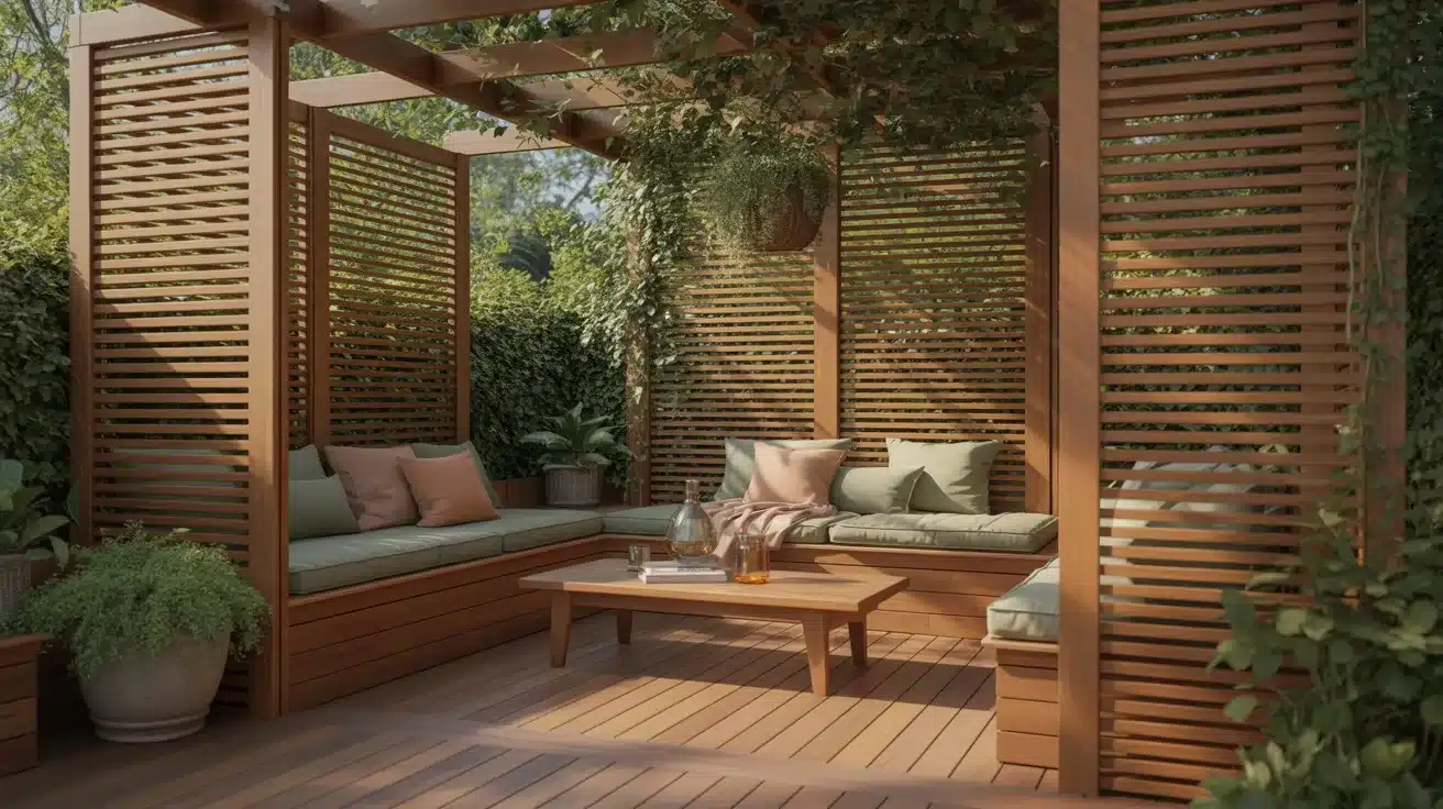A shaded wooden pergola on a deck featuring built-in seating with green cushions, a low coffee table, and surrounding lush greenery