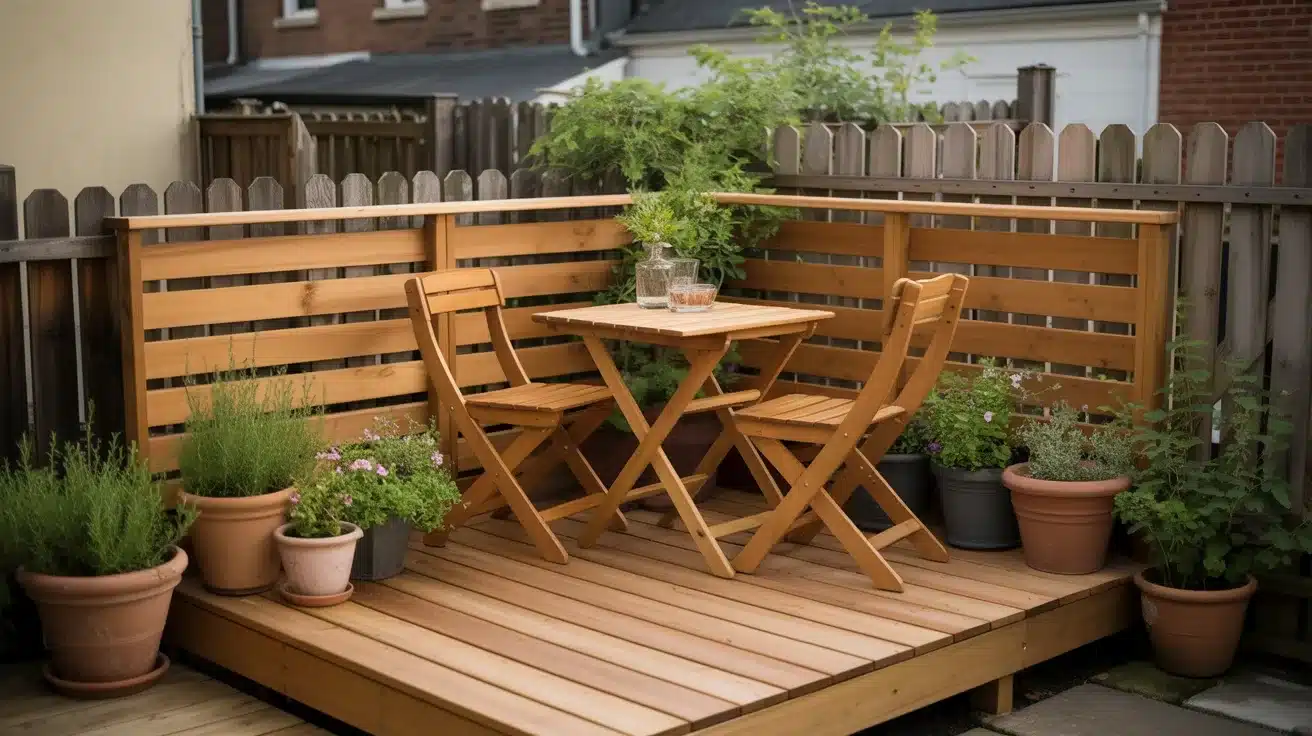 A small wooden bistro set sits on a sunny backyard deck surrounded by potted herbs and plants against a slat-style wooden privacy screen and picket fence