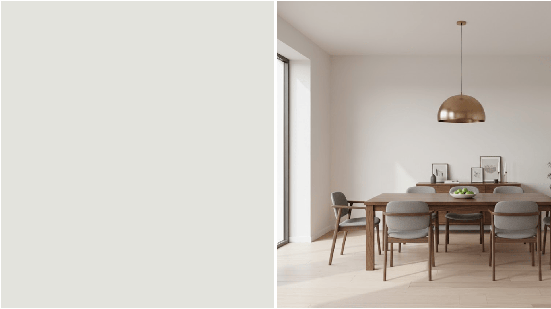 A split image featuring a solid pale gray color swatch on the left and a modern dining room with a wooden table, gray chairs, and a brass dome pendant light on the right