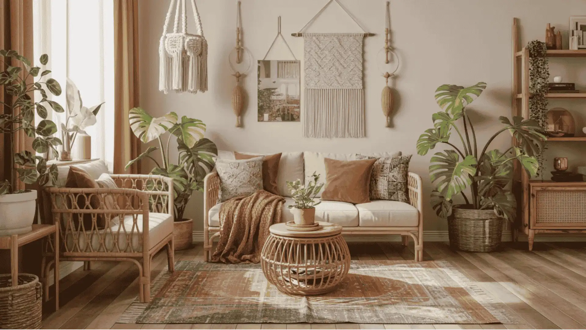 A stylish living room with a patterned rug, wicker seating, and lush plants, embodying bohemian decor elements (2)