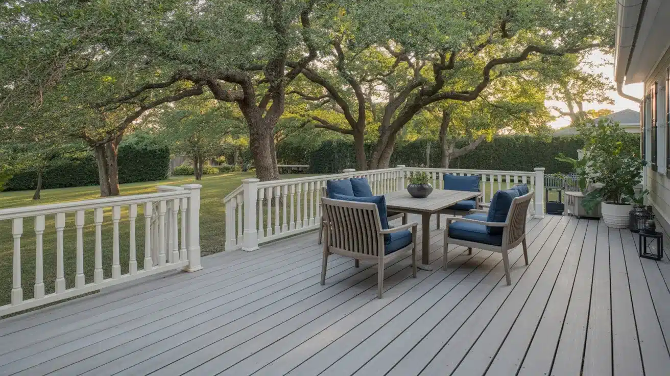 A stylish outdoor deck with a table and chairs, perfect for enjoying meals or gatherings in the fresh air