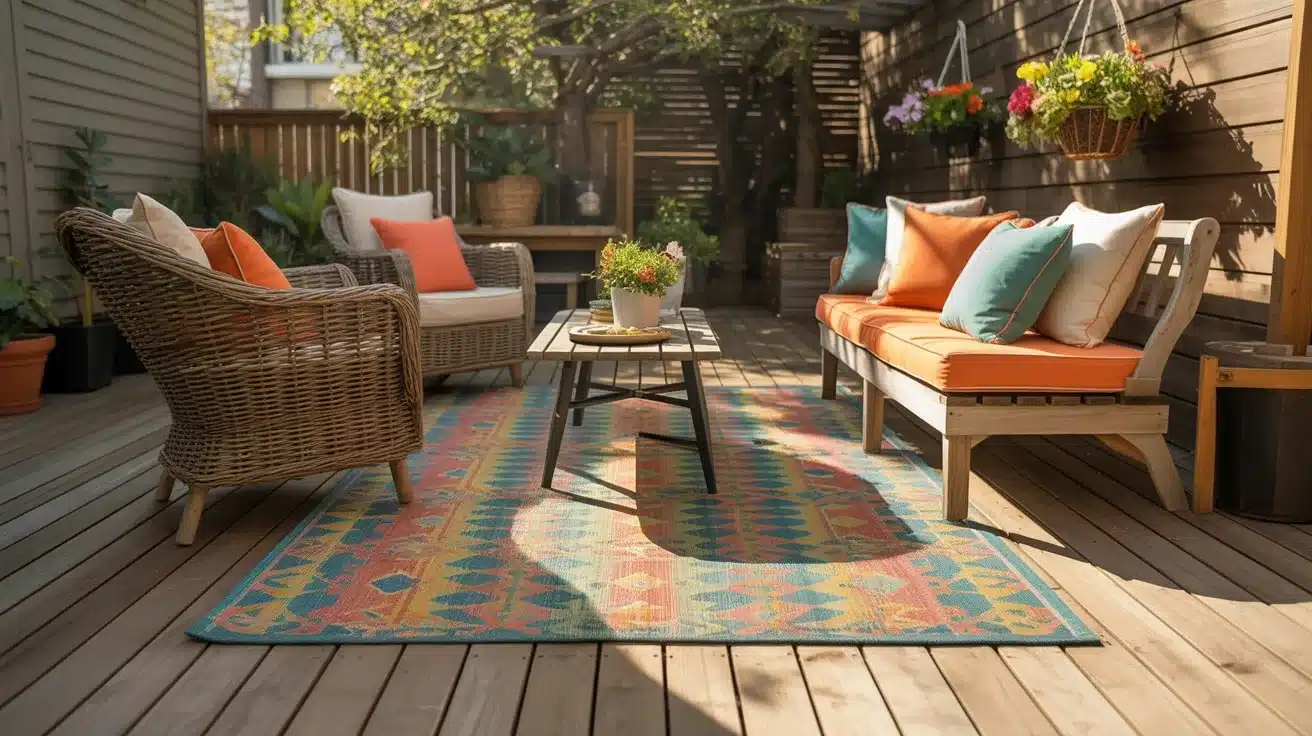 A sunlit outdoor wooden deck furnished with wicker chairs, a wooden bench with orange cushions, and a colorful geometric outdoor rug