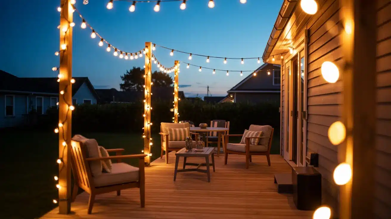 A wooden backyard deck illuminated by warm string lights at twilight, featuring outdoor seating arranged around a small table