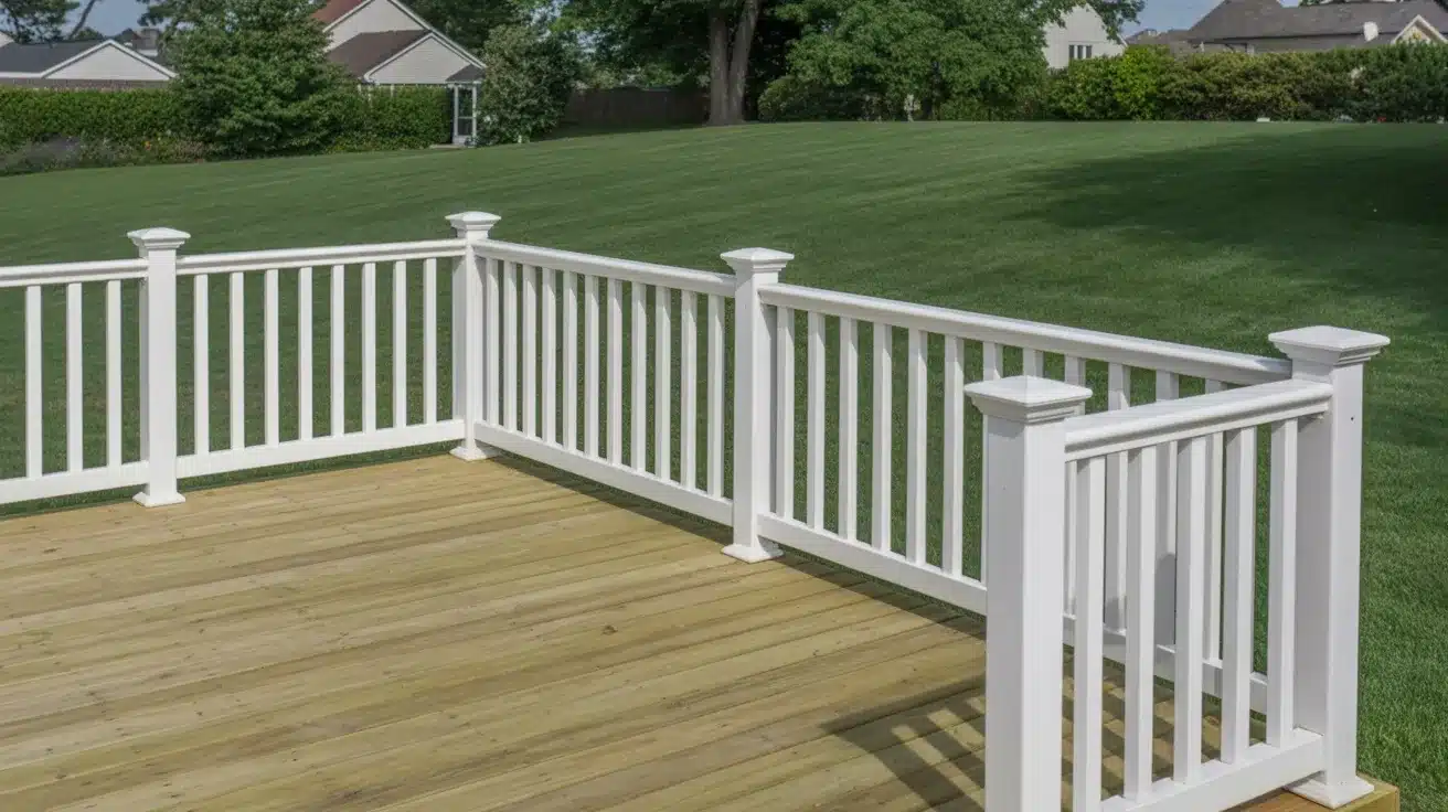 A wooden deck featuring new white vinyl railing contrasts against a bright green, manicured lawn with suburban houses in the background