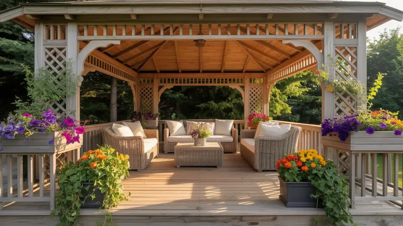 A wooden gazebo with a wicker outdoor furniture set sits on a deck surrounded by vibrant purple, yellow, and orange flowering plants