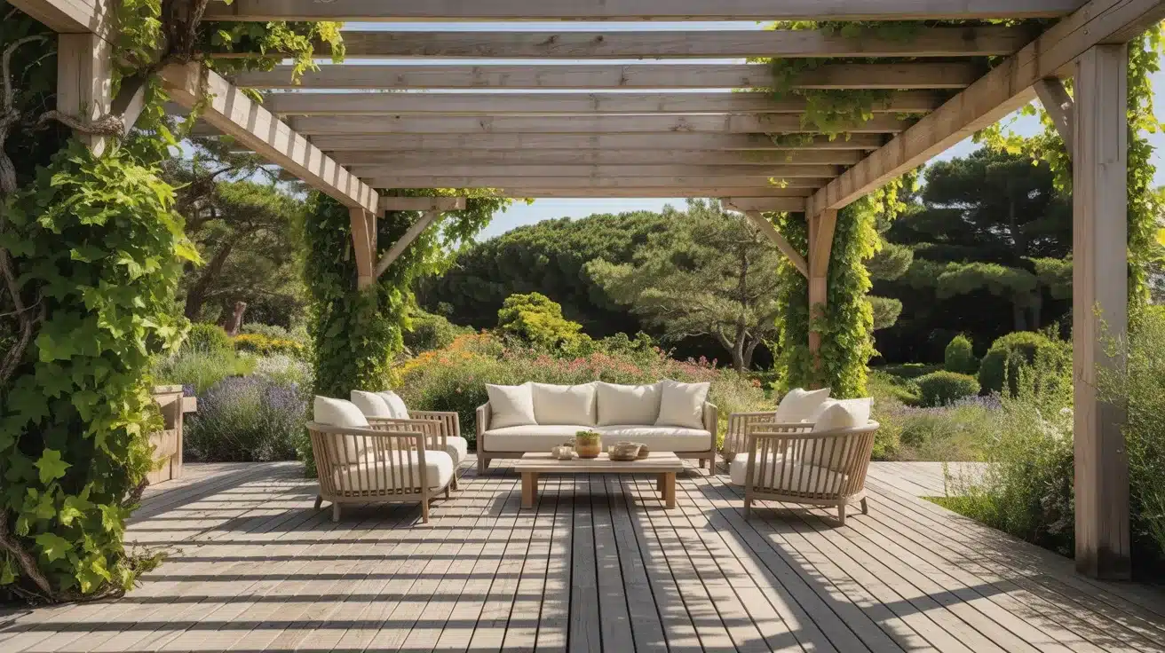 An outdoor wooden deck adorned with comfortable furniture and lush plants, perfect for relaxation and gatherings