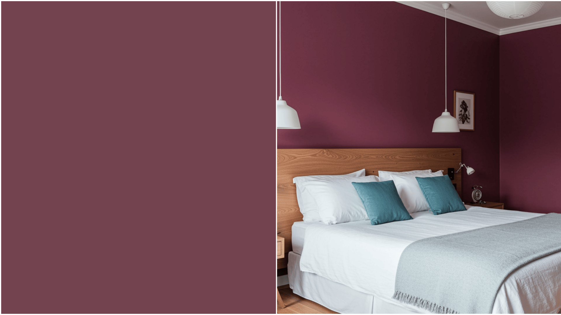 Bedroom with deep burgundy walls, a white bed with teal accents, and a light wood headboard