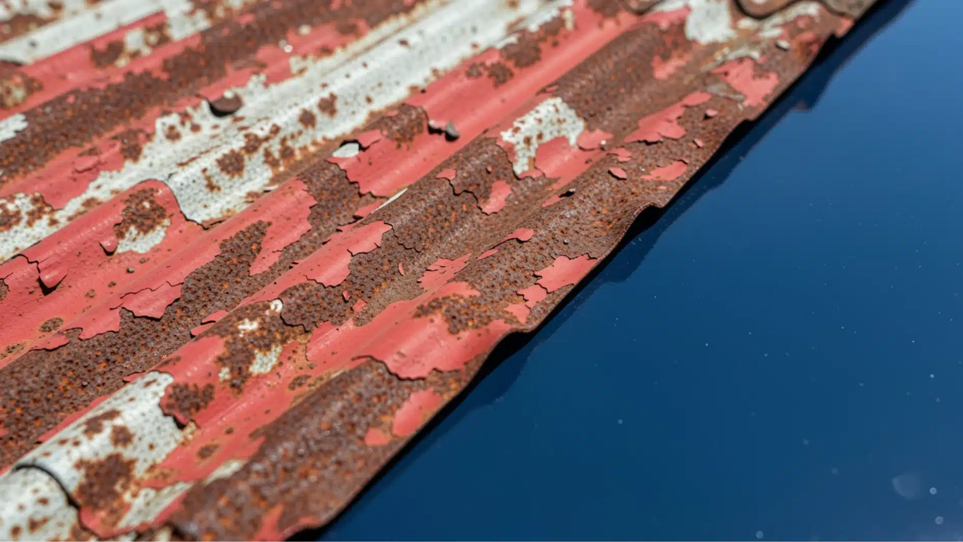 Close-up of heavily rusted, peeling red and white corrugated metal resting against a smooth, dark blue surface
