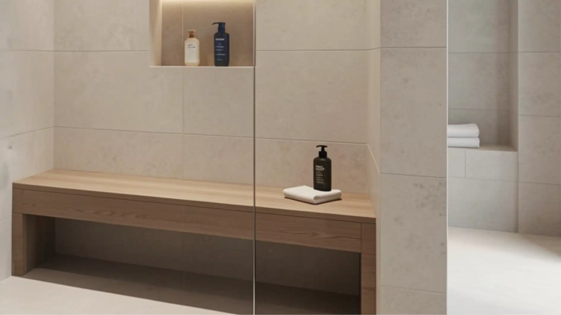 Wooden slatted shower bench inside a walk-in shower with beige tiled walls and a glass partition.