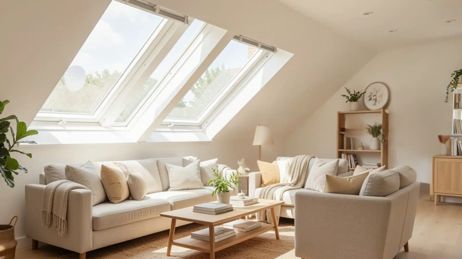 Bright attic living room featuring angled skylight windows, light beige sofas, a wooden coffee table, and natural light.
