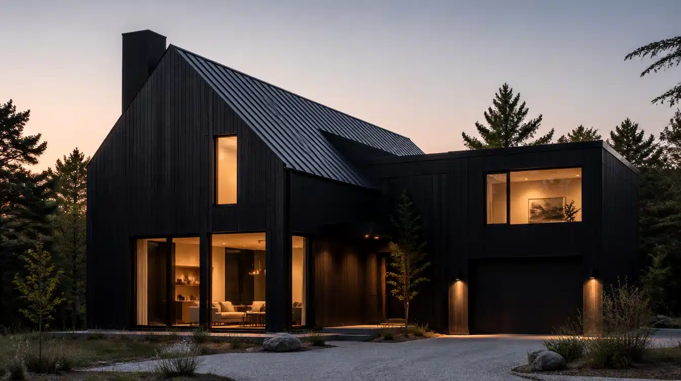 Black contemporary saltbox house with dark cladding, large windows, and minimalist modern design.
