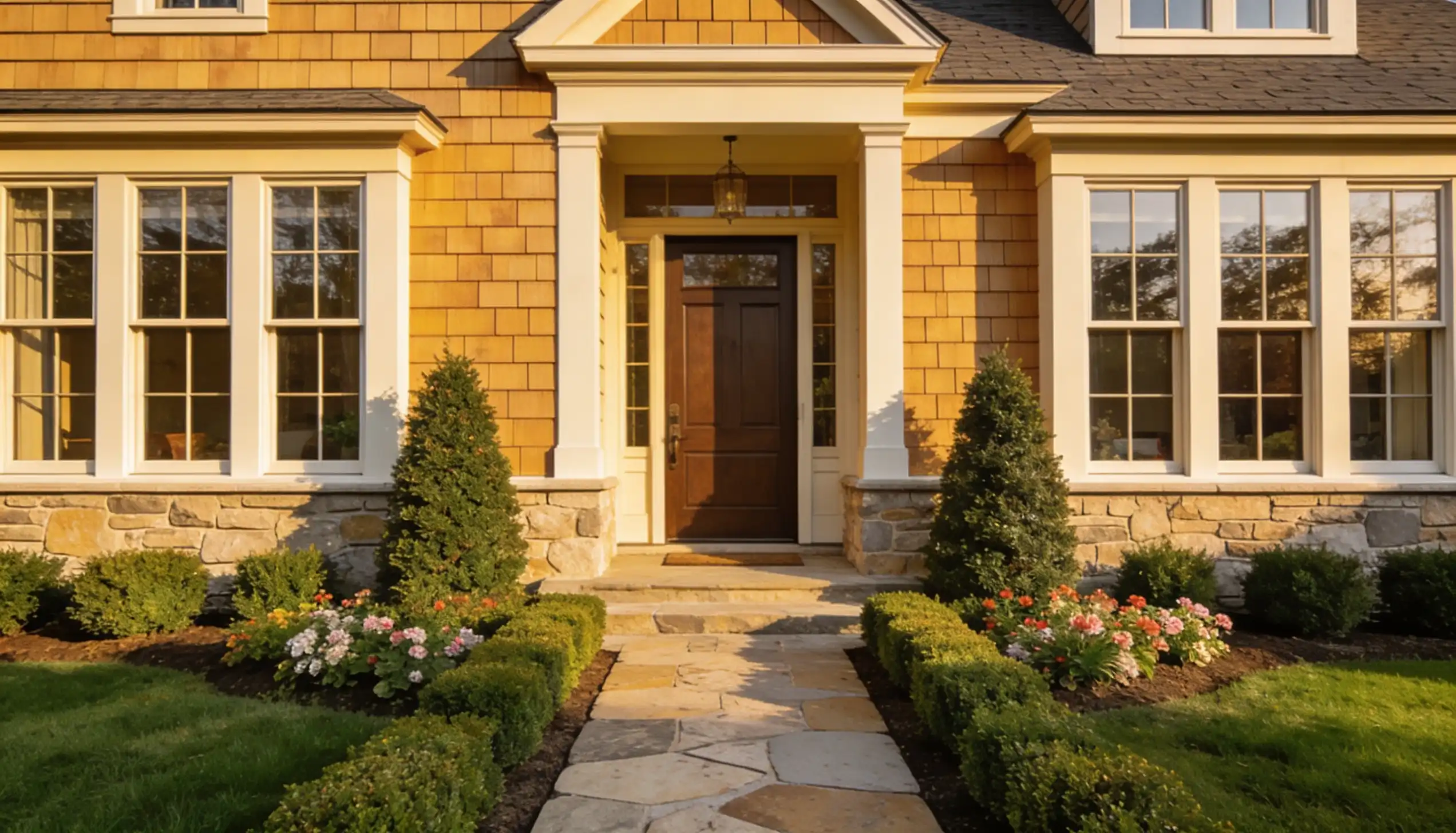 Warmly lit entrance to a two-story home with stone and shingle siding, featuring a flagstone path and manicured landscaping.