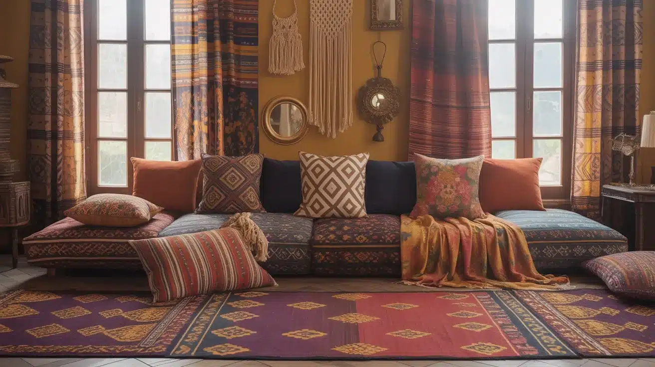 Bohemian living room with floor cushions, patterned textiles, macrame wall hangings, and a large, brightly colored ikat rug in front of a multi-paned window