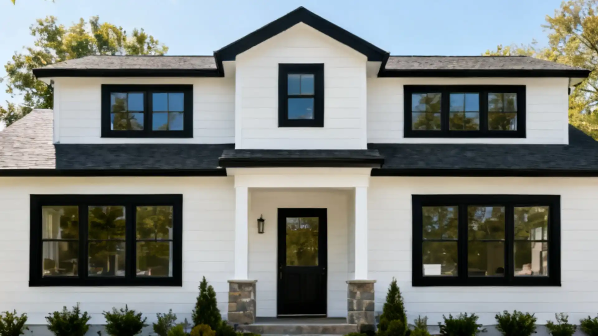 Modern white farmhouse with black framed windows and black front door.