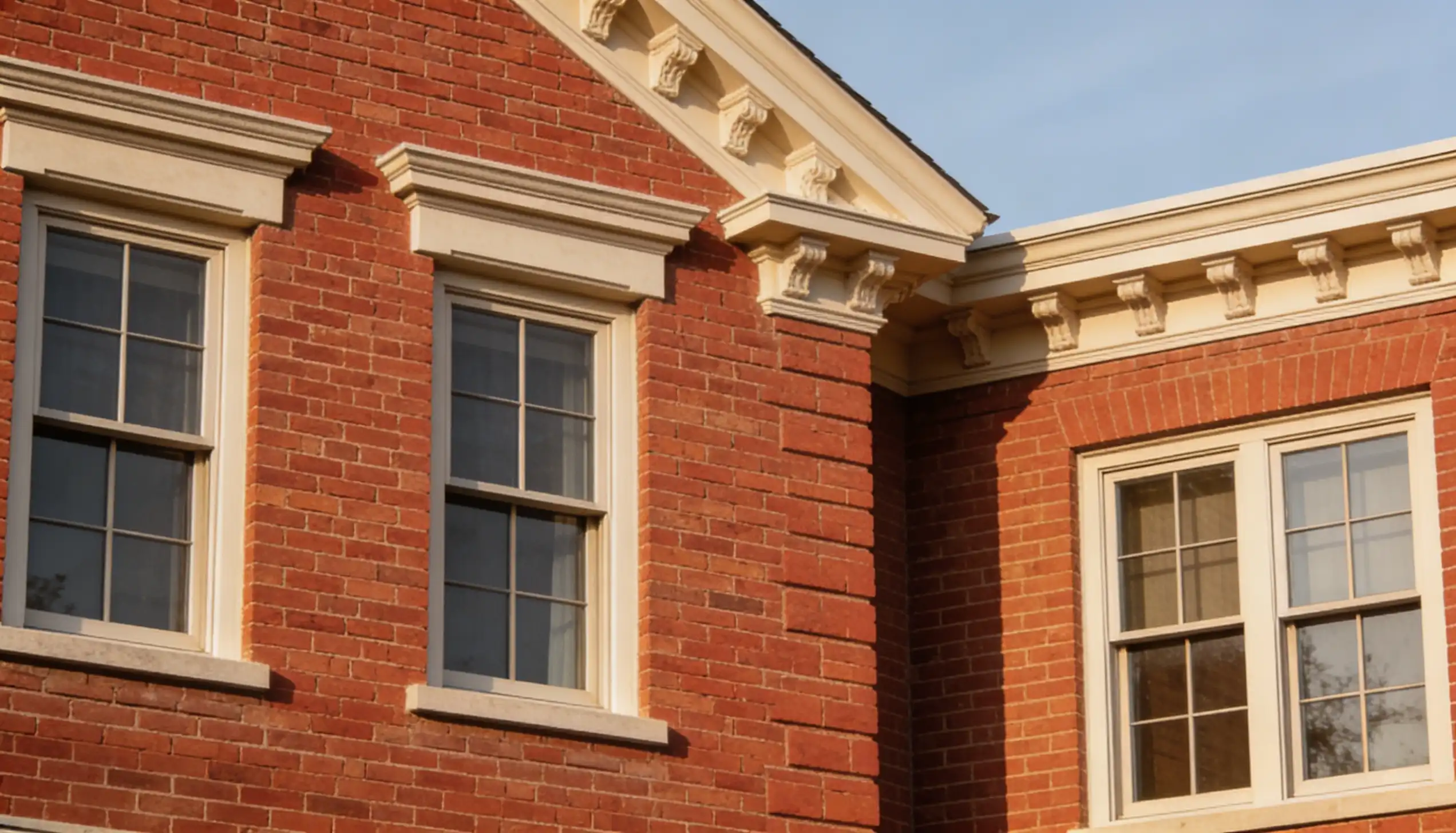 Close-up of red brick building facade with white-trimmed windows and decorative architectural elements.