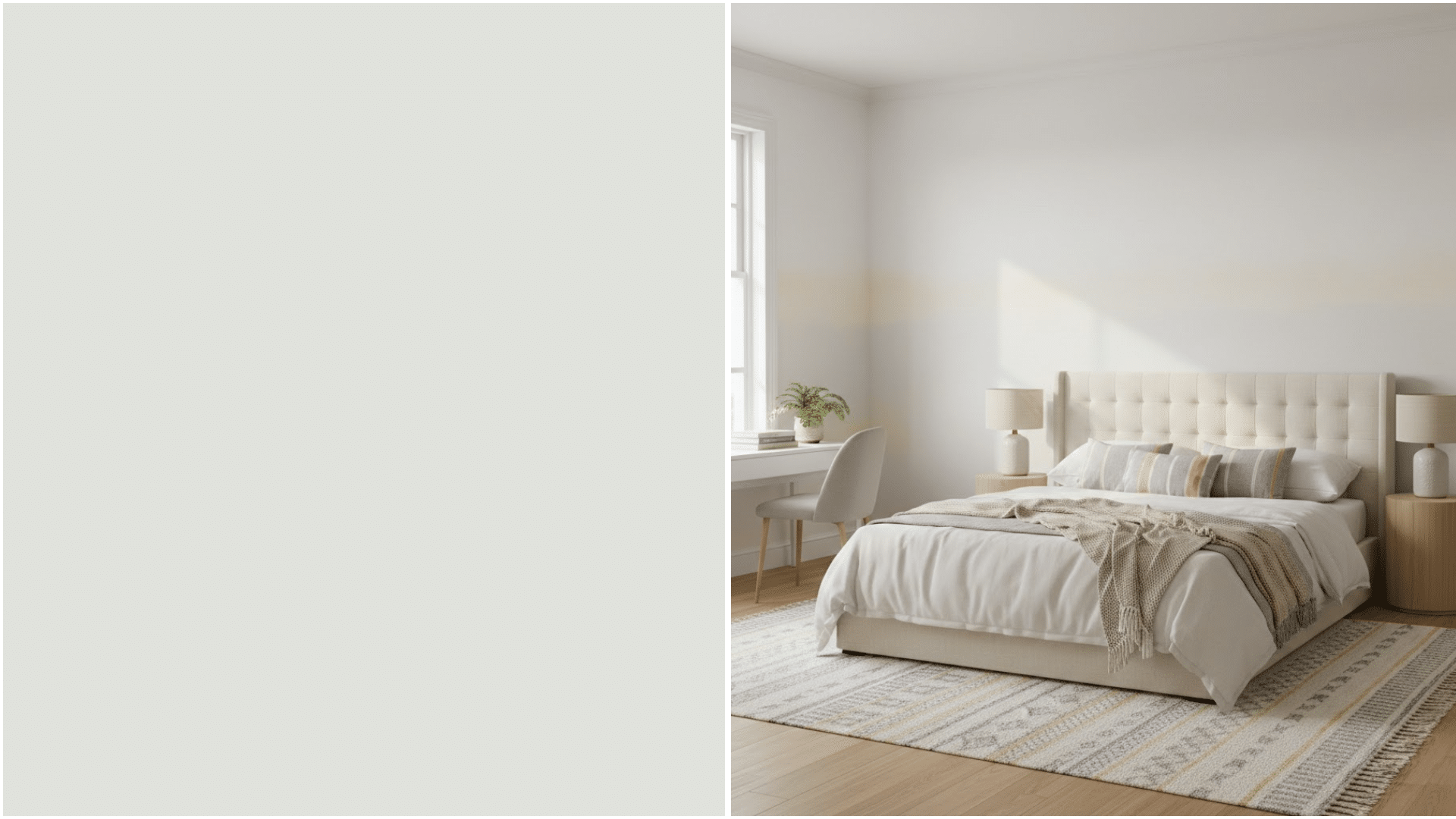 Bright, modern bedroom featuring a tufted Benjamin Moore Paper White, light wood flooring, a patterned rug, and a white desk by a window