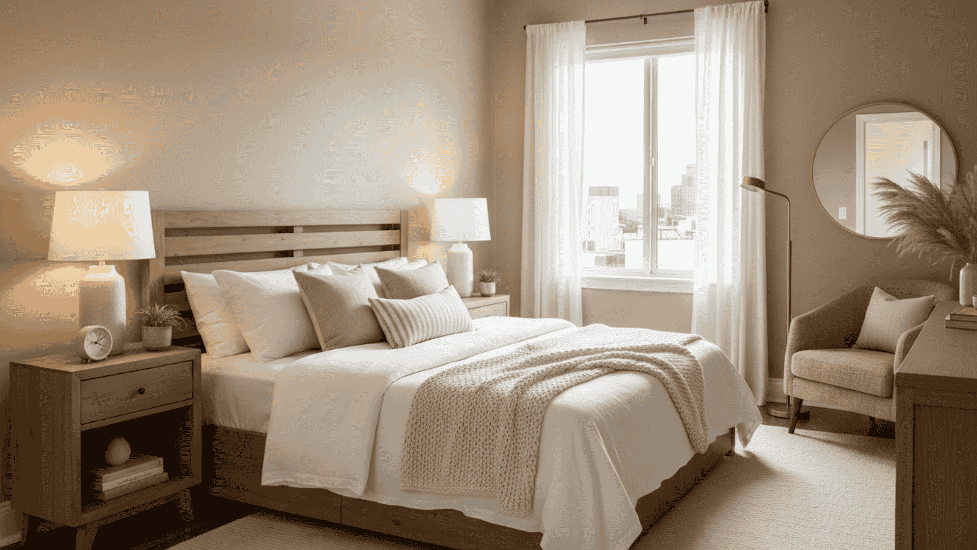 Bright, modern bedroom featuring a wooden bed frame, white linens, beige accent pillows, and light wood nightstands illuminated by matching lamps