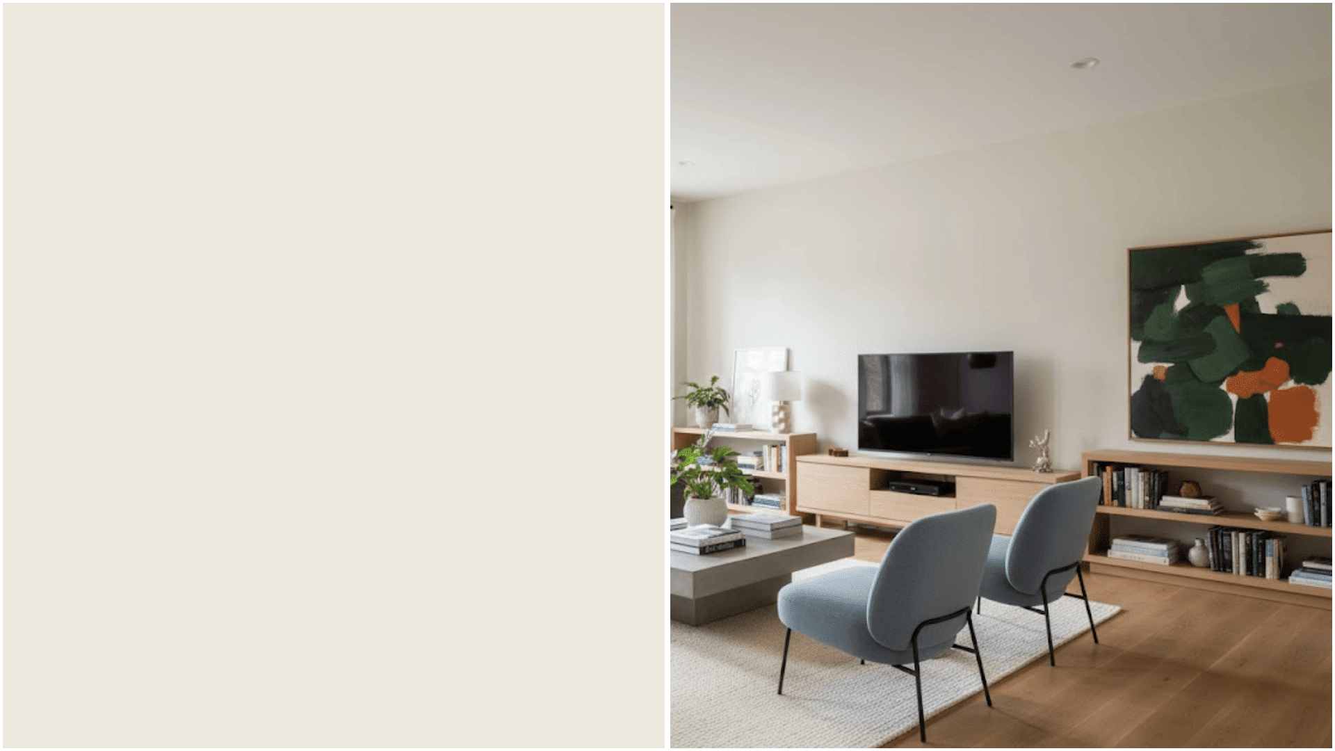 Bright, modern living room featuring light blue accent chairs, a wooden media console, a large abstract green and orange painting, and light wood flooring