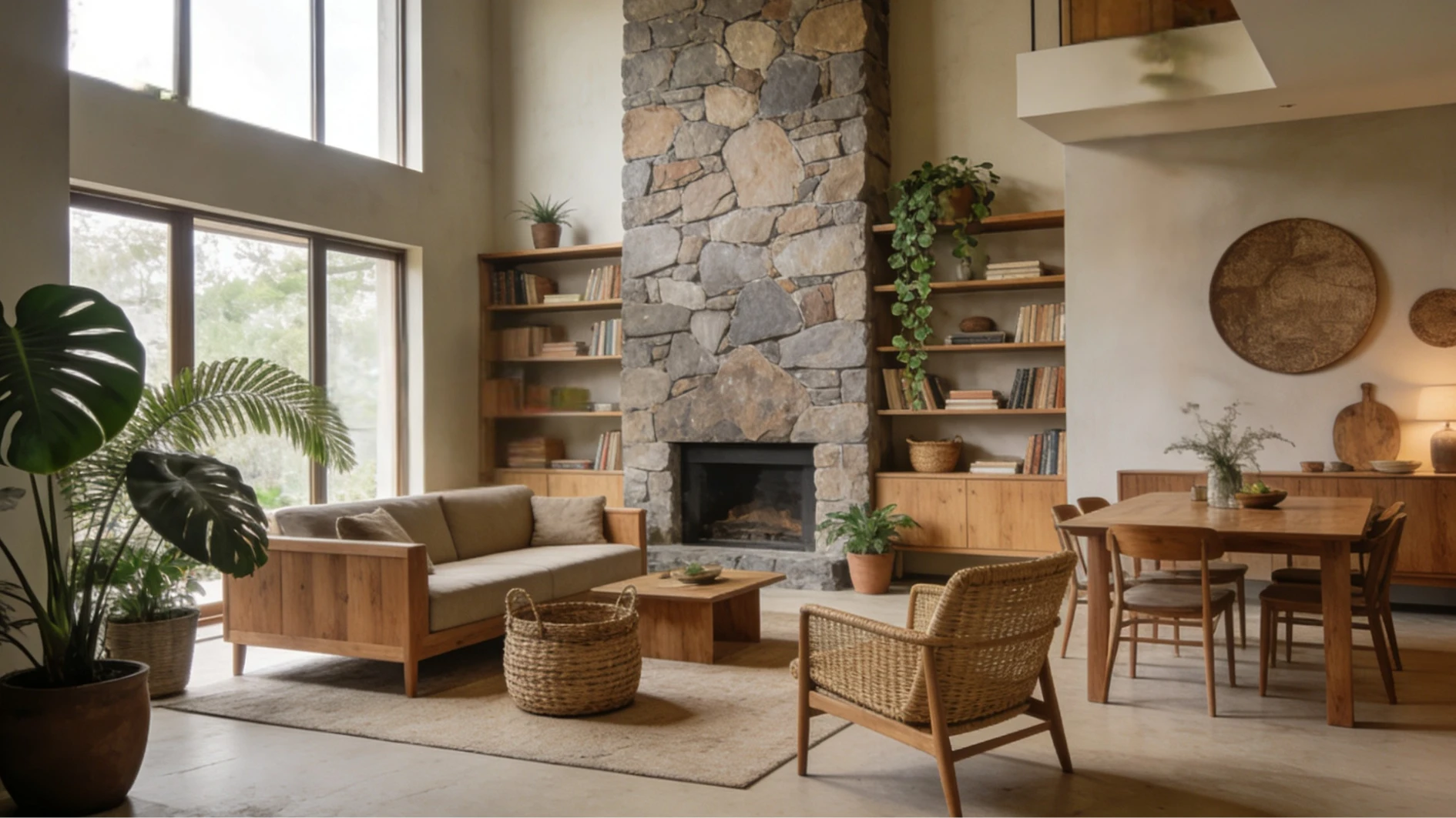 Spacious living and dining area featuring a large stacked stone fireplace, wooden furniture, built-in bookshelves, and abundant natural light from large windows.