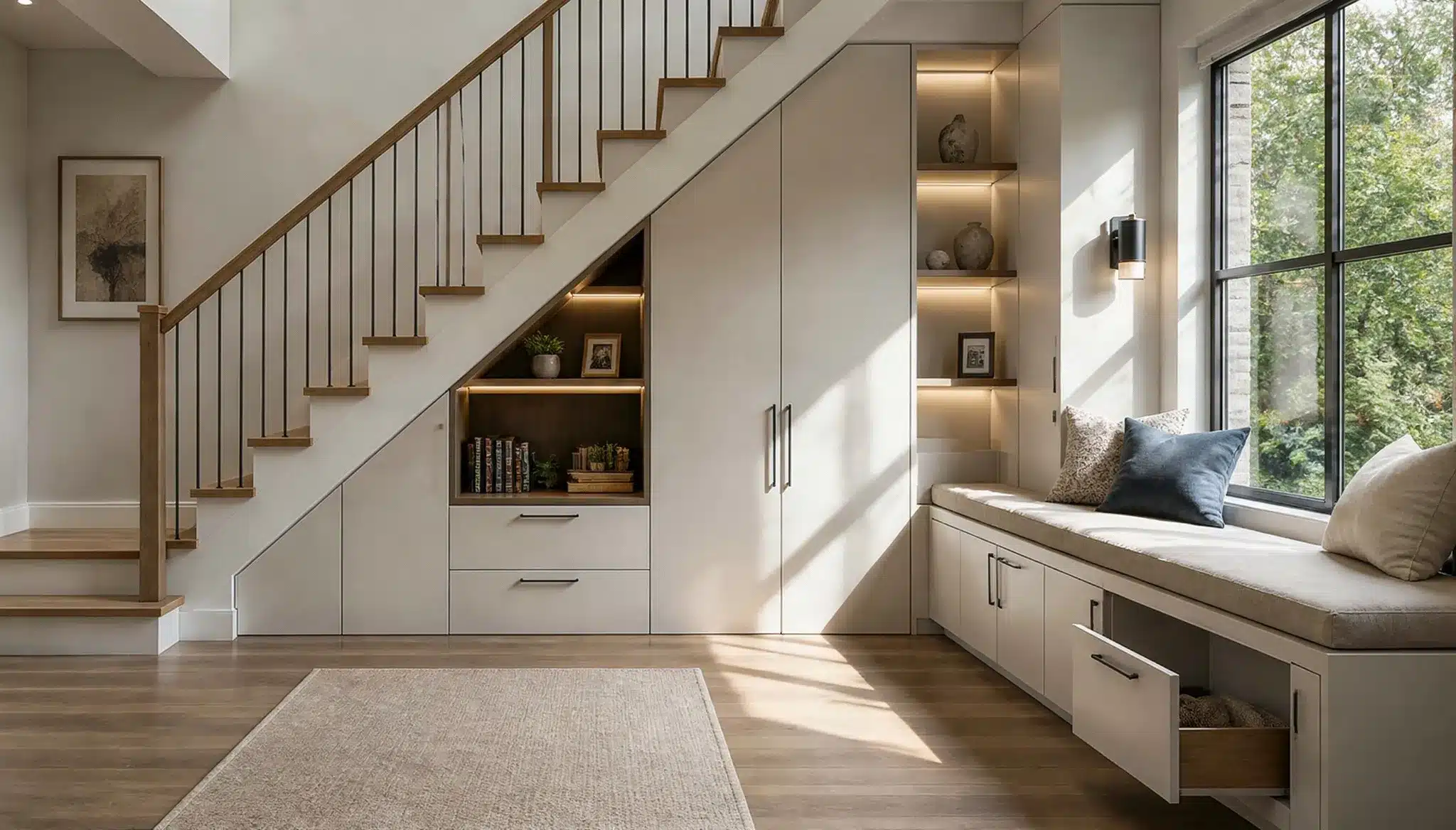 Built-in storage solutions in a modern saltbox home featuring custom cabinetry and window seat storage