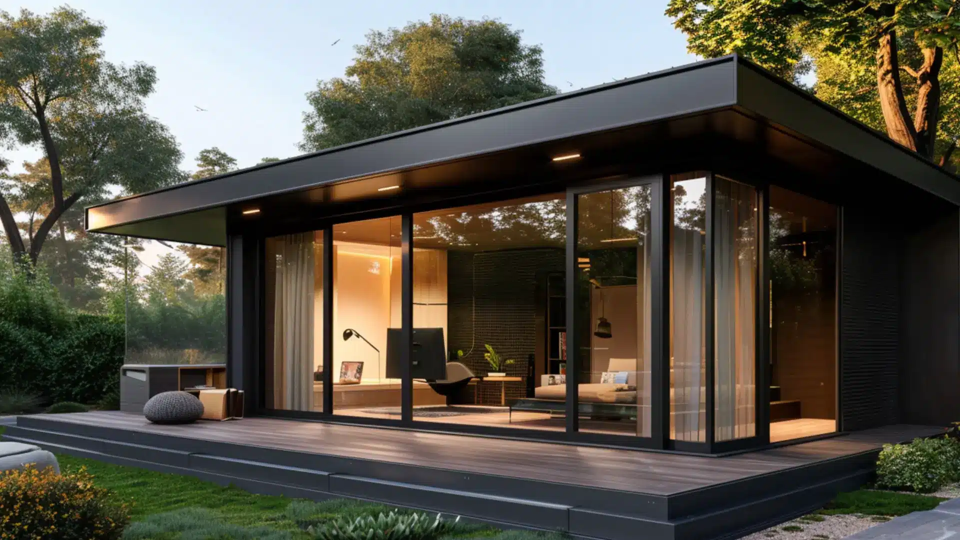Modern house with clean single slope roof metal panels and clerestory windows in contemporary style with landscaped yard