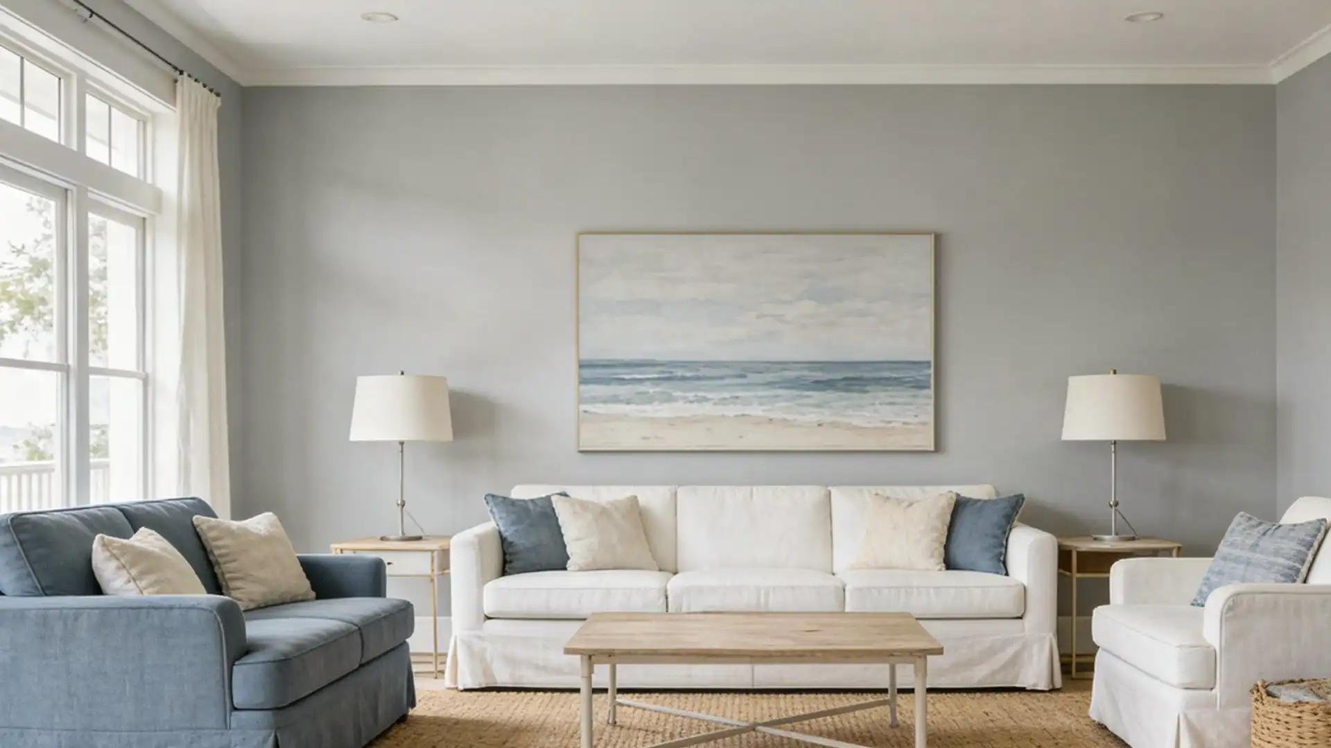 A serene living room featuring gray walls, a white slipcovered sofa, a blue loveseat, and a large framed painting of a sandy ocean beach.