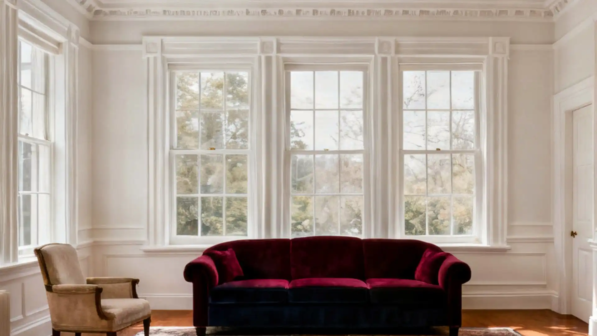 A plush, dark red velvet sofa in front of three tall, white-framed windows