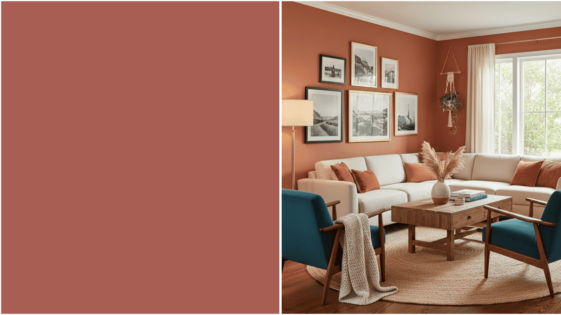 Color swatch of Sherwin-Williams Foxy next to a modern living room featuring terracotta walls, a cream sectional, teal armchairs, and a jute rug (2)
