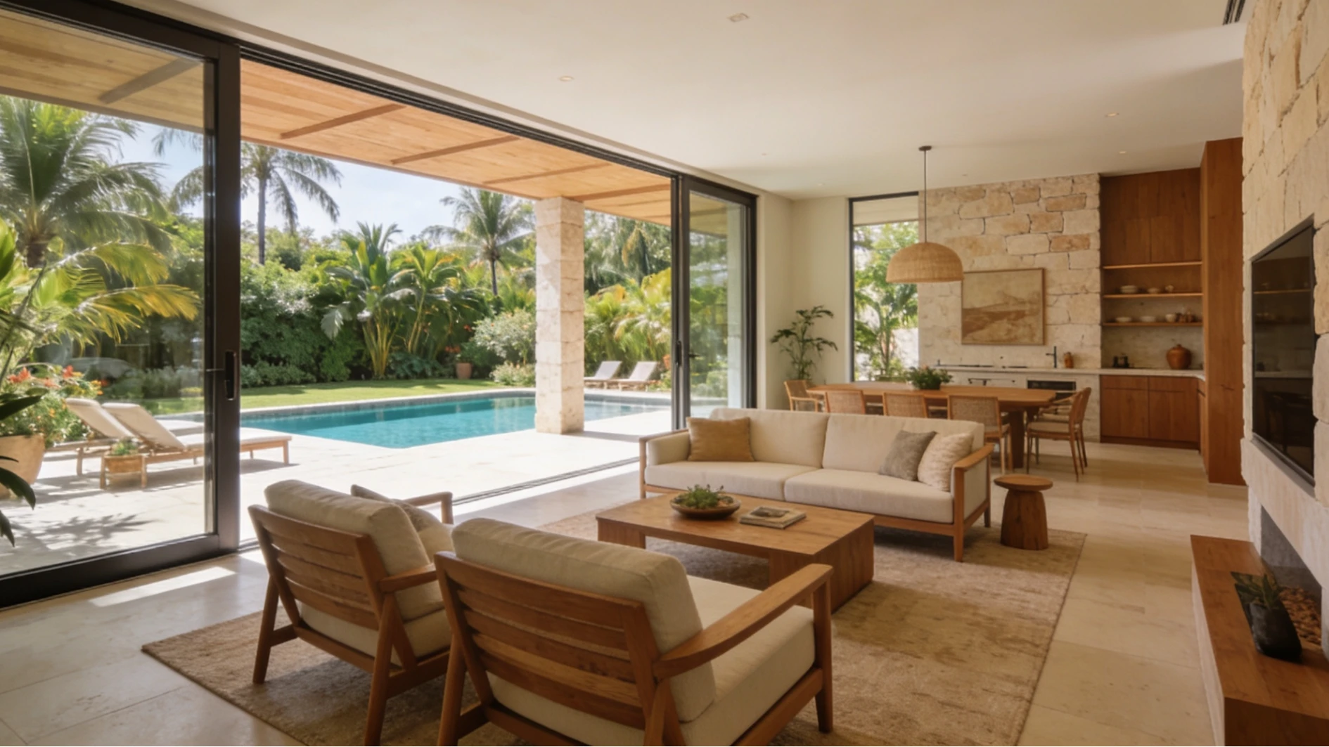 A spacious living room featuring a pool and patio area, showcasing a blend of indoor comfort and outdoor leisure.