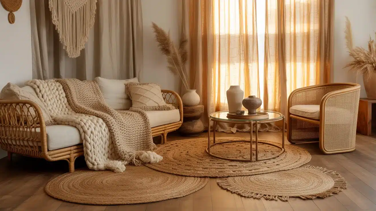 Cozy bohemian living room featuring rattan furniture, chunky knit throws, jute area rugs, and sunlit sheer curtains